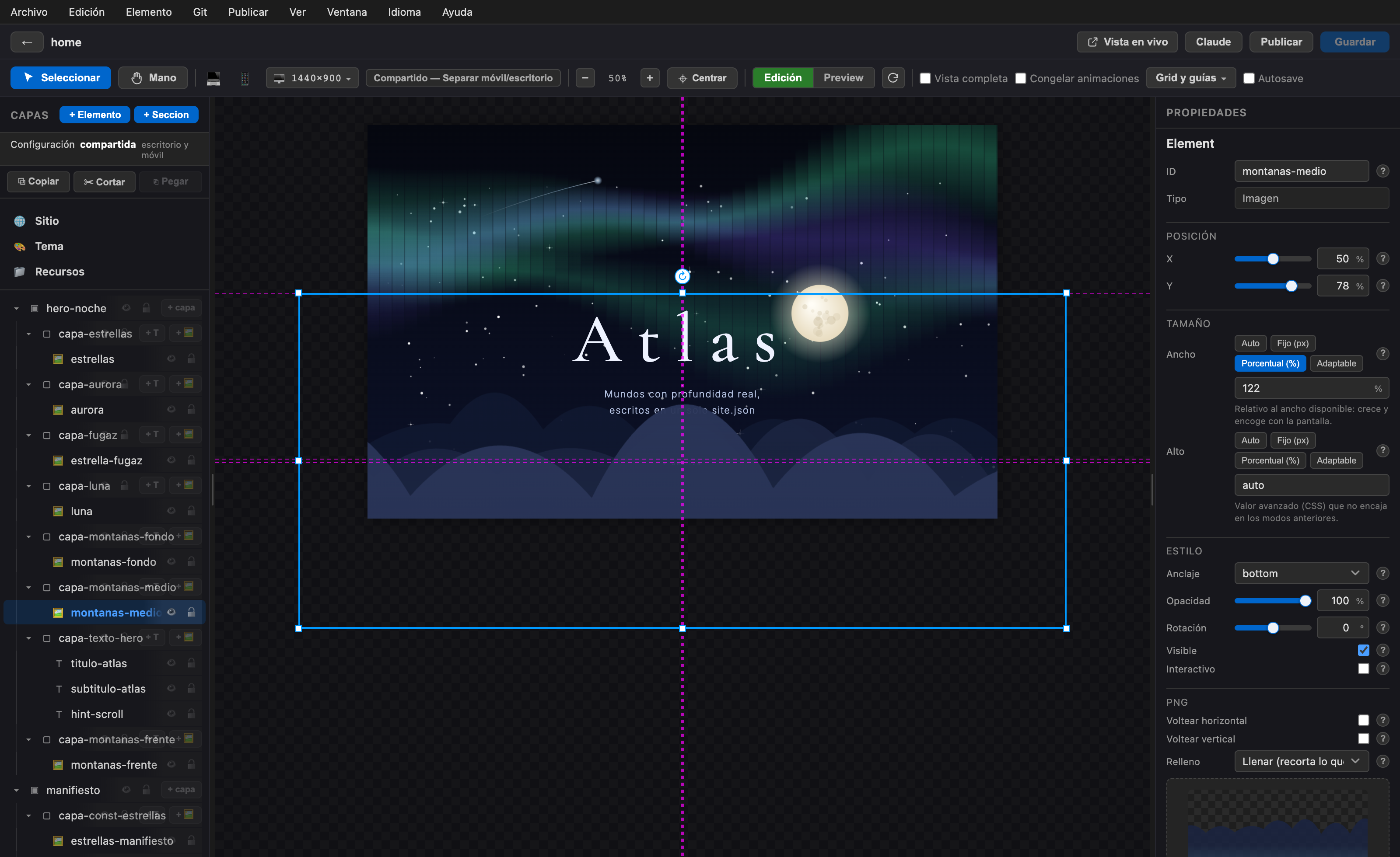 The Parallax Editor: a layer tree on the left, the live canvas in the center showing an aurora night scene with a selected element and smart guides, and the properties panel on the right.